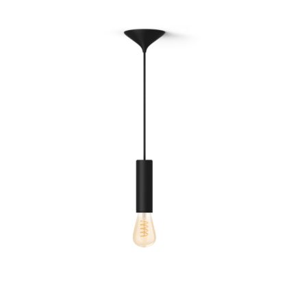 Close-up van de voorkant van Bundel: Zwarte medium pendellamp koord - 3D geprint voor filamentlampen + Warm tot koelwit licht ST72 Edison filamentlamp
